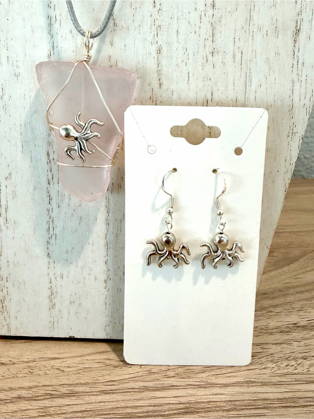 105. Silver Octopus Earrings & pink sea glass Pendant Set - Silver - Picture 2 of 2